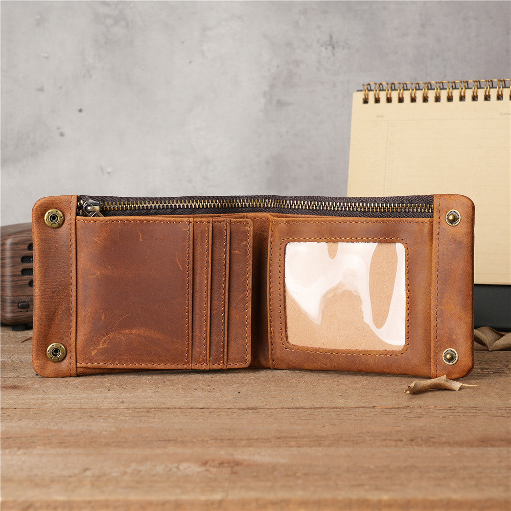 Men's Leather Retro Horizontal Zipper Cowhide Simple Distressed Genuine Men's Wallets