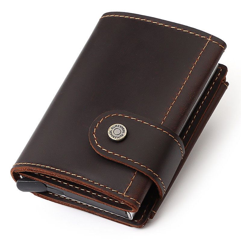 Men's Crazy Horse Leather Automatic Metal Cartridge Card Holder