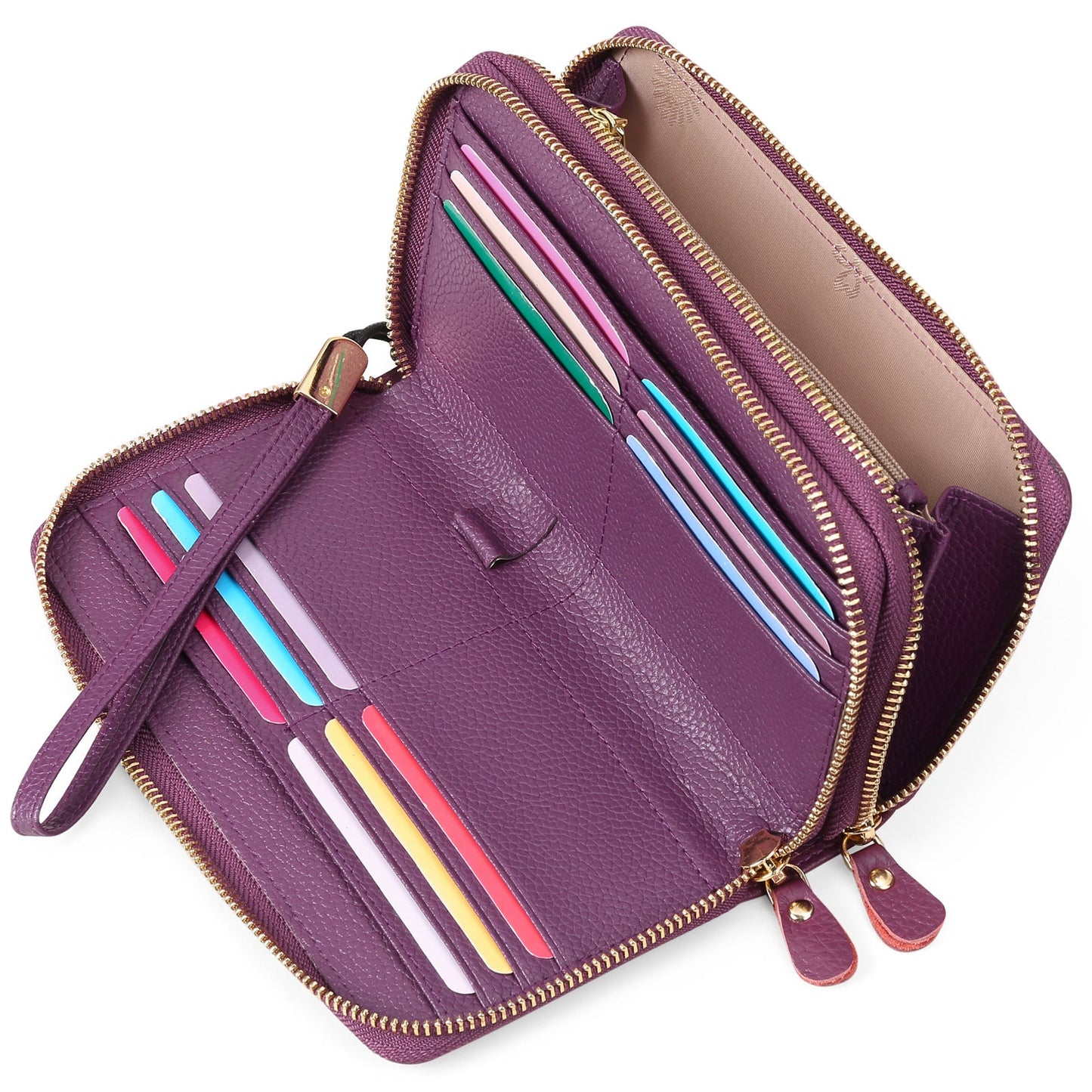 Women's Layer Cowhide Double Zip Clutch Trendy Ladies Wallets