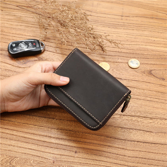 Men's Crazy Horse First Layer Cowhide Short Leather Zipper Simple Ladies Wallets