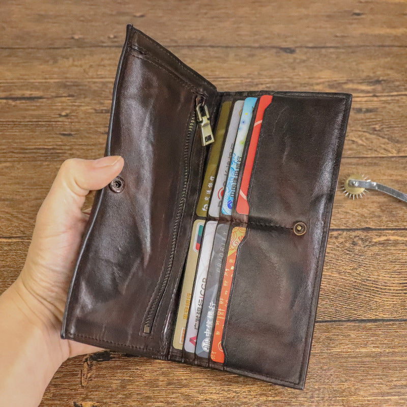 Men's Layer Cowhide Handmade Distressed Pleated Long Men's Wallets
