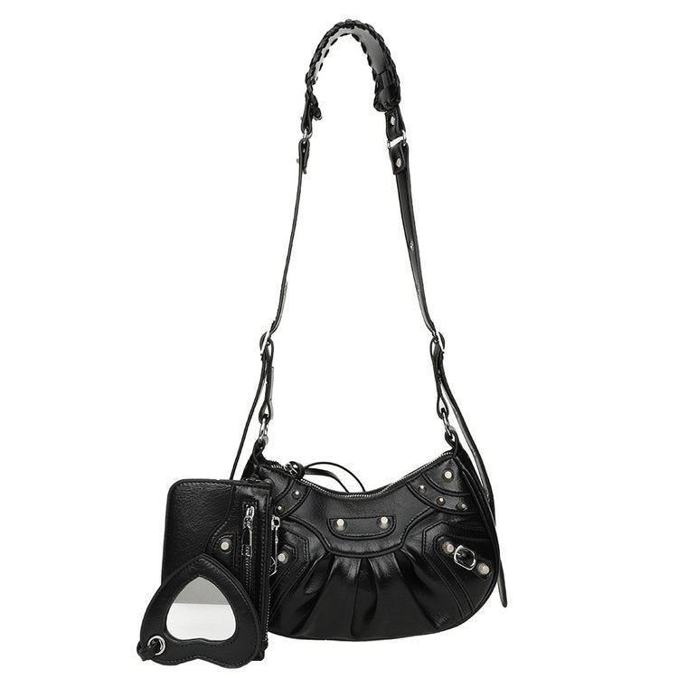 Women's Underarm Retro Rivet Motorcycle Pleated Crescent Crossbody Bags