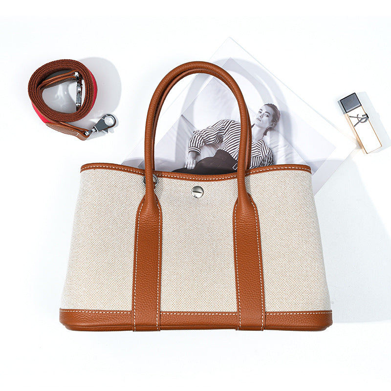 Women's Layer Cowhide Large Capacity Canvas Contrast Color Handbags
