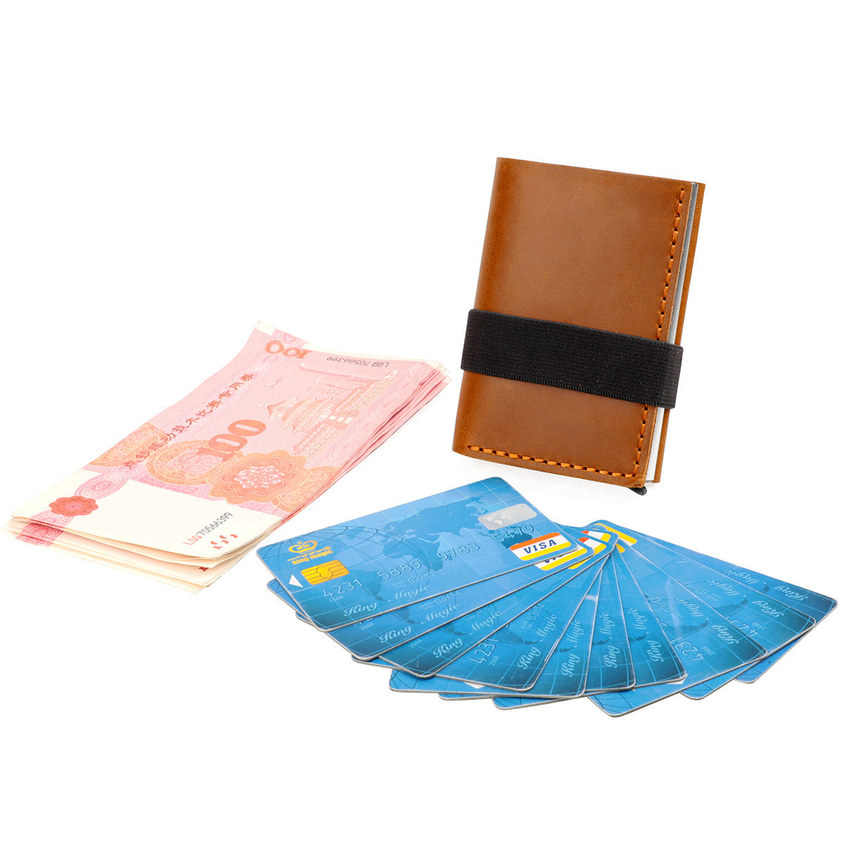 Box Elastic Band Cowhide Swiping Genuine Card Holder