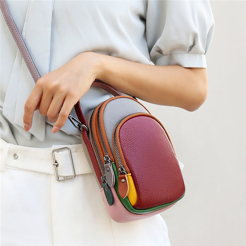 Women's Genuine Leather Cell Fashion Color Contrast First Shoulder Bags
