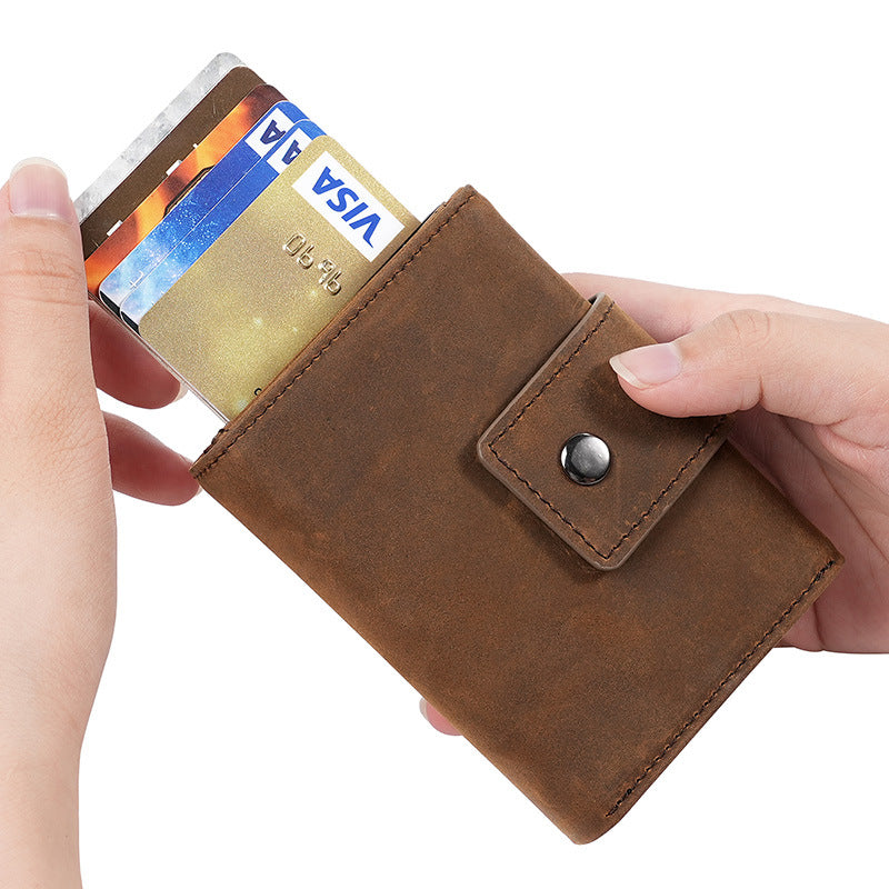 Men's Crazy Horse Leather Automatic Carbon Fiber Card Holder