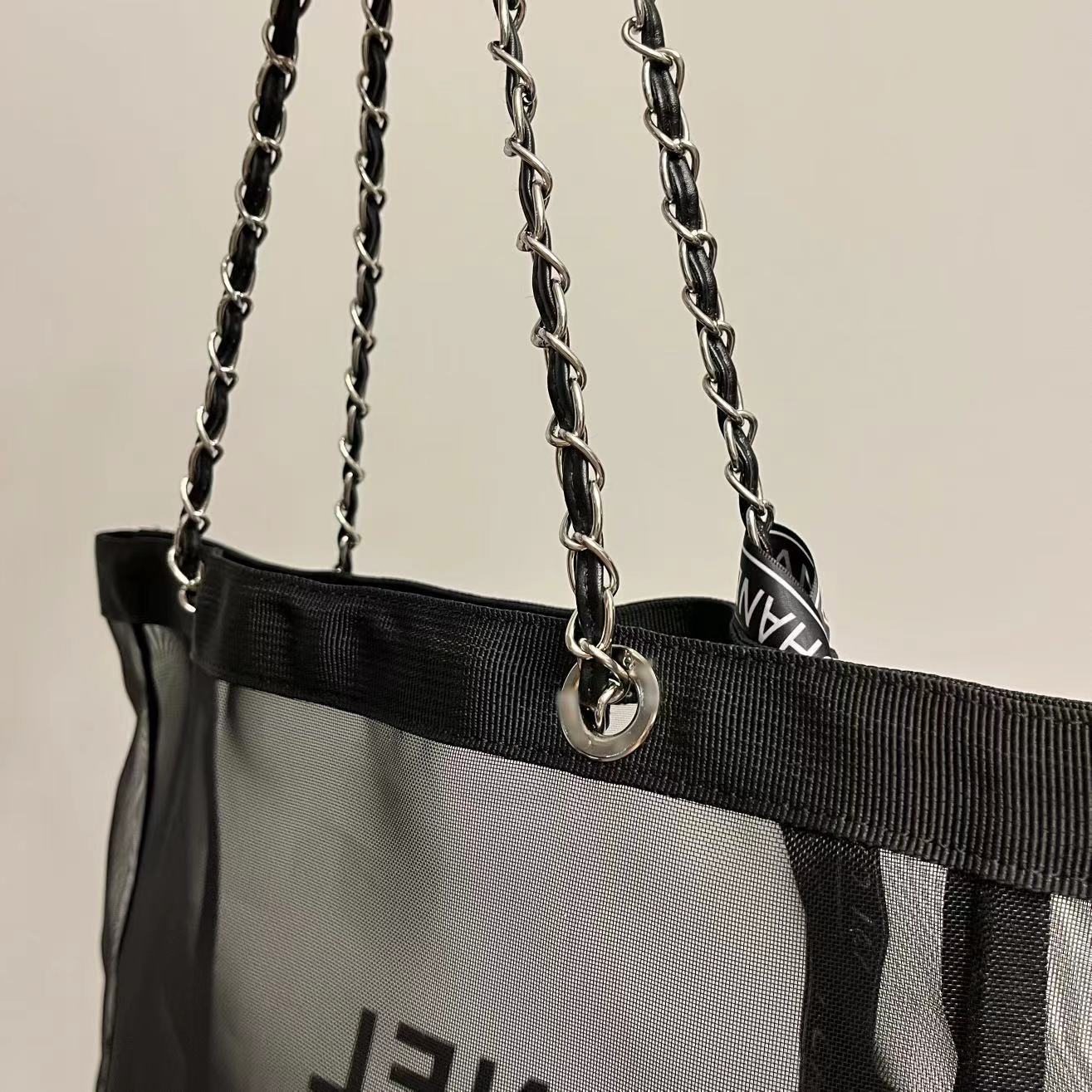 Women's Counter Nylon Screen Net Chain Black Tote Bags
