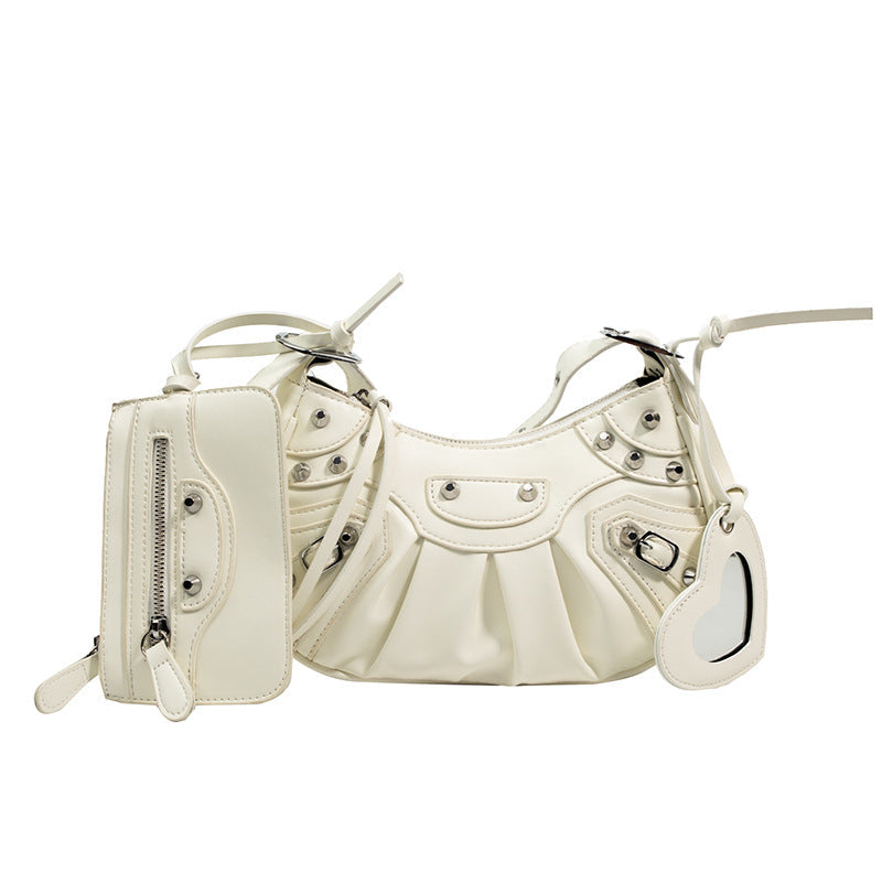 Women's Pleated Crescent Son Mother Retro Rivet Shoulder Bags