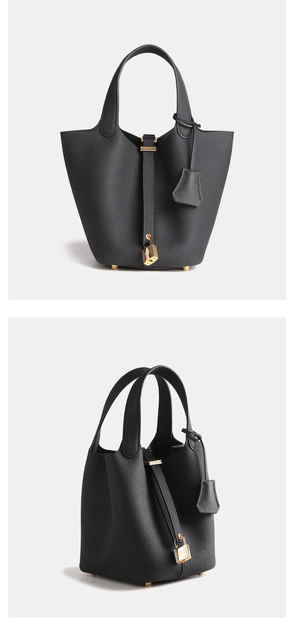 Layer Cowhide Lychee Pattern Solid Color Bucket Bags