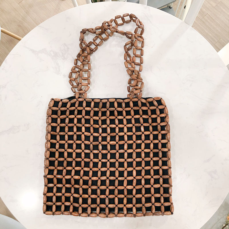 Autumn Large Capacity Wooden Bead Handmade Beaded Weave Shoulder Bags