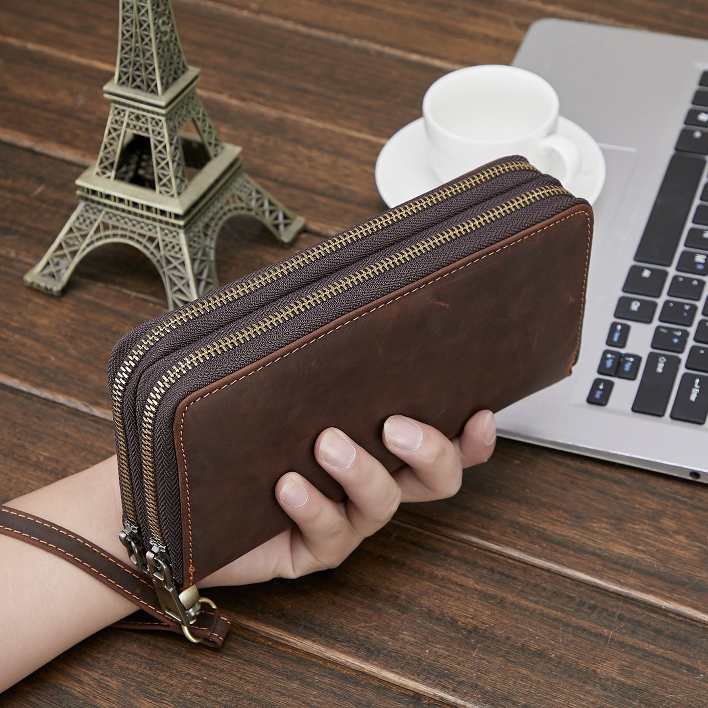 Men's Leather Crazy Horse Long Retro Cowhide Men's Handbags