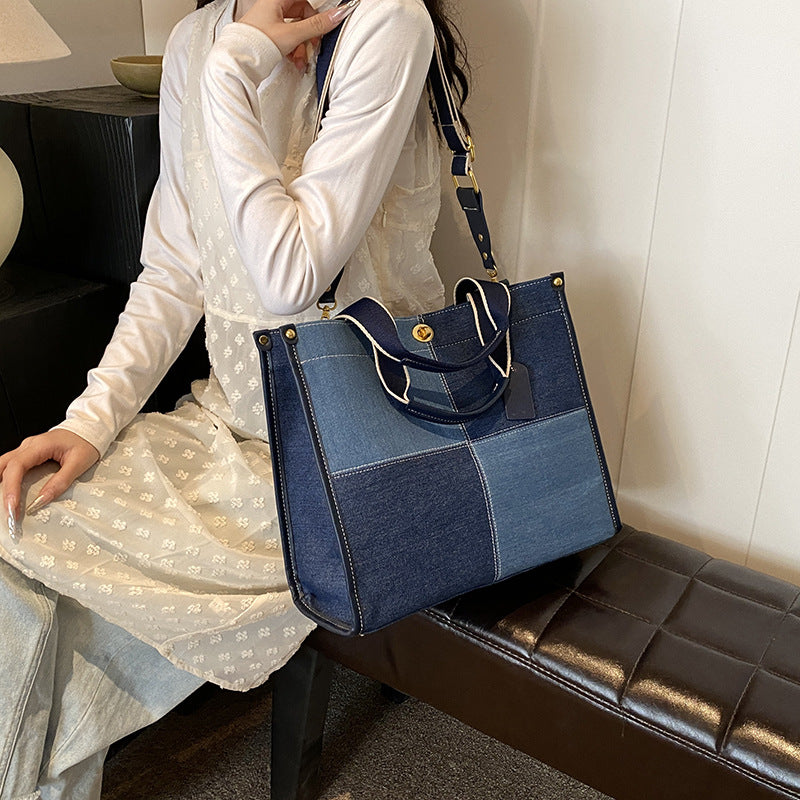 Women's Color Matching Canvas Large Capacity Fashionable Shoulder Bags