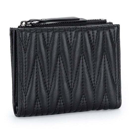 Women's Sheepskin Pleated Vertical Fashion Embroidery Short Ladies Wallets