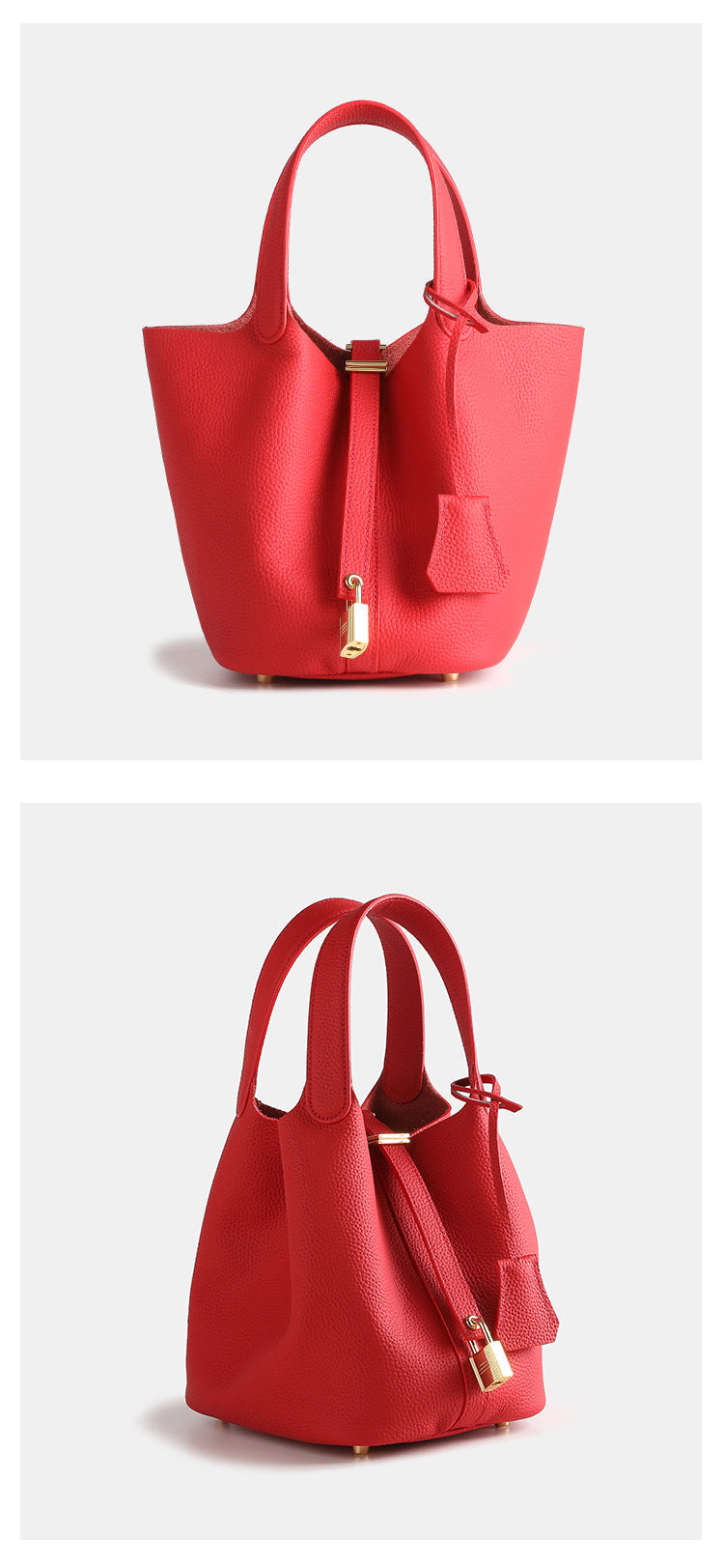 Layer Cowhide Lychee Pattern Solid Color Bucket Bags