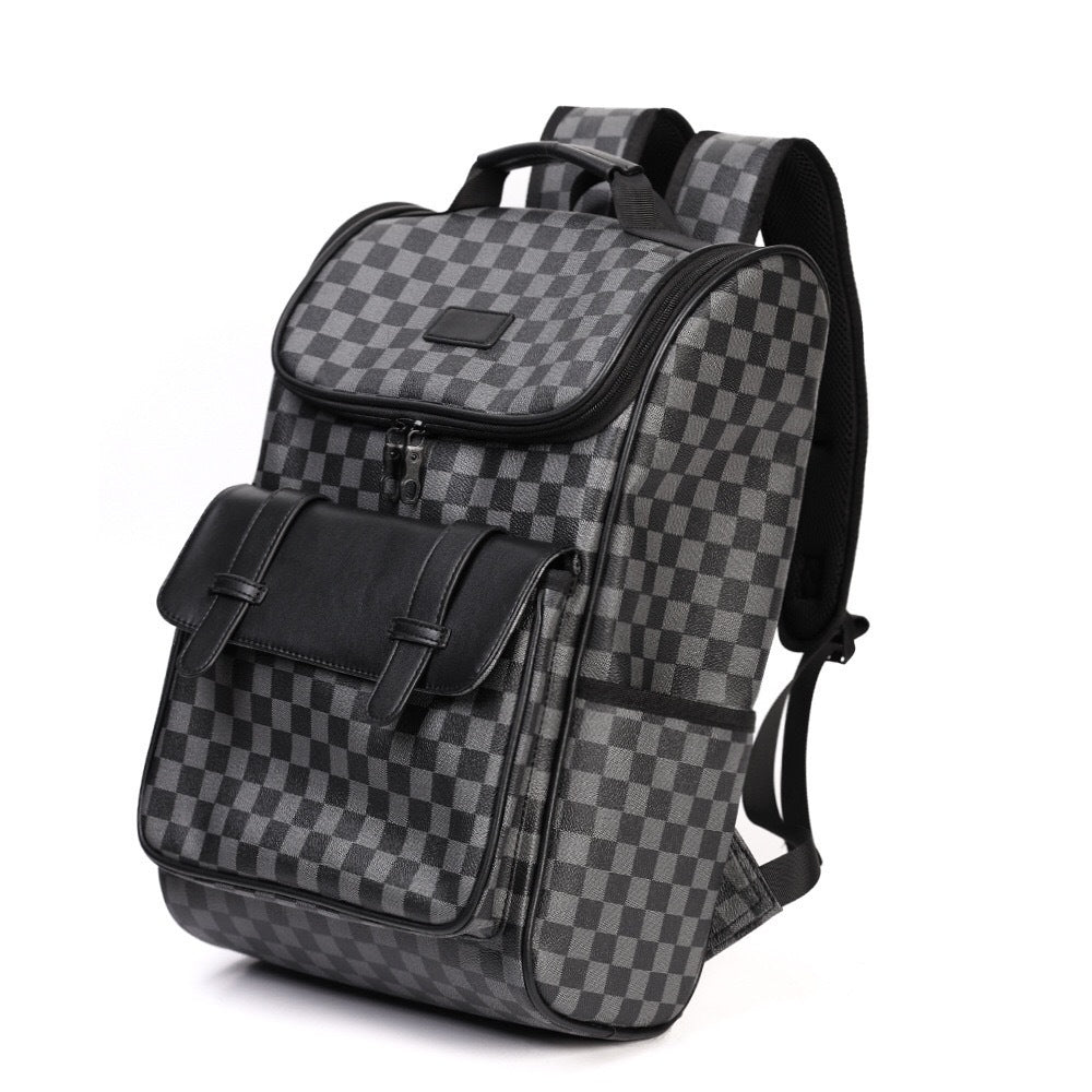 Men's Chessboard Grid High Quality Leather Large Backpacks
