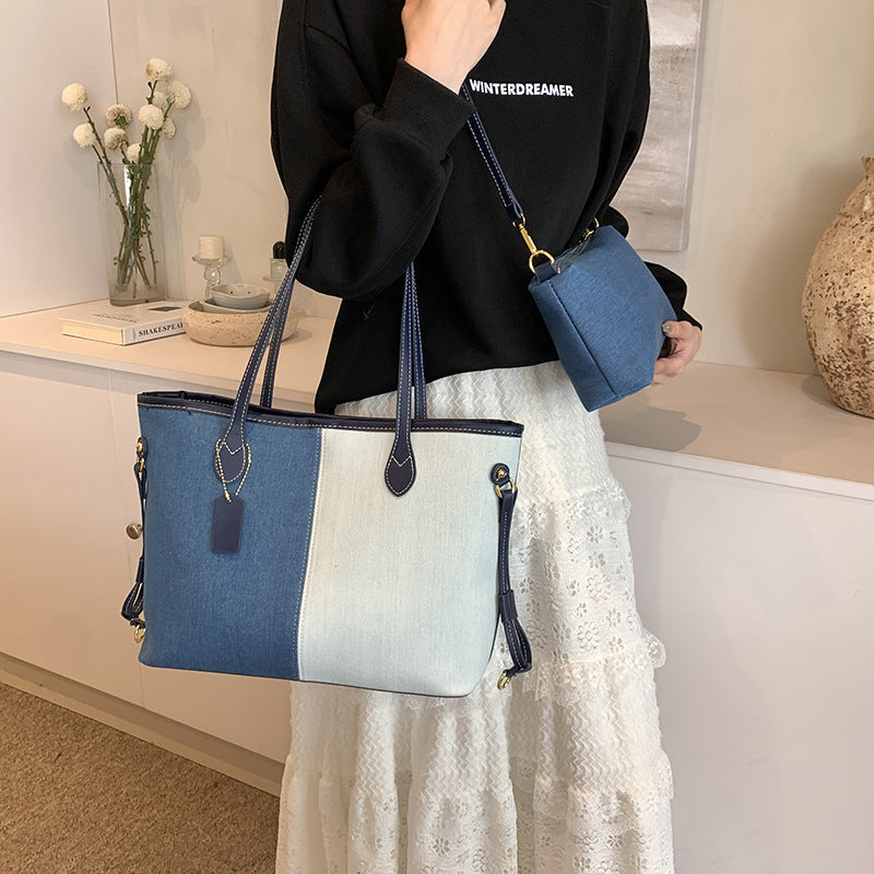 Women's Large Capacity Denim Fashion Stitching Contrast Shoulder Bags