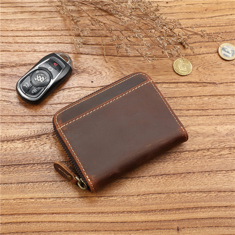 Men's Crazy Horse First Layer Cowhide Short Leather Zipper Simple Ladies Wallets