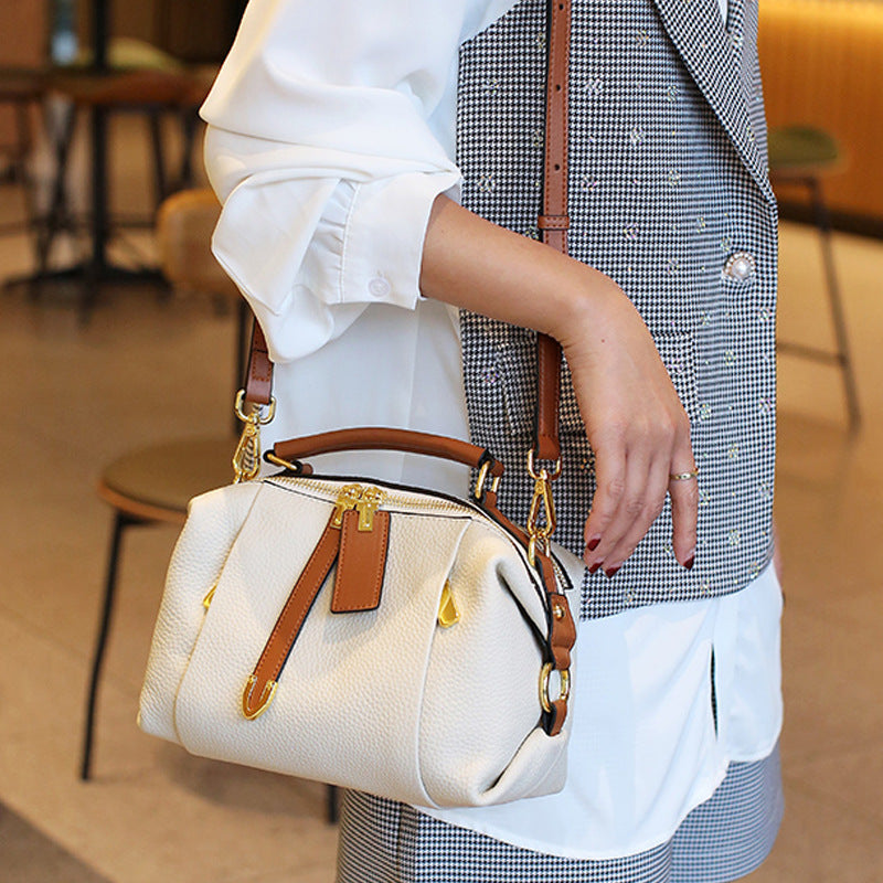 Women's Genuine Leather First Layer Contrast Color Handbags