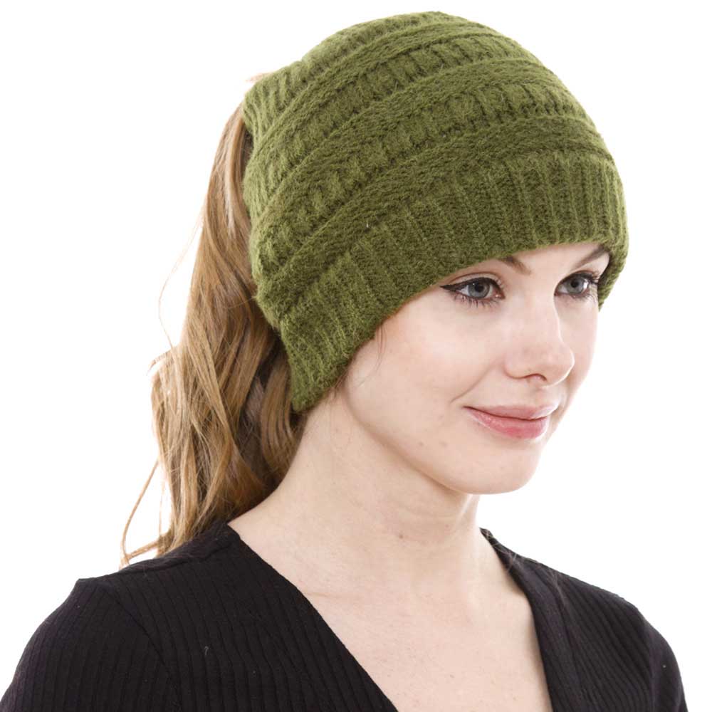 Cable Knit Ponytail Beanie Hat