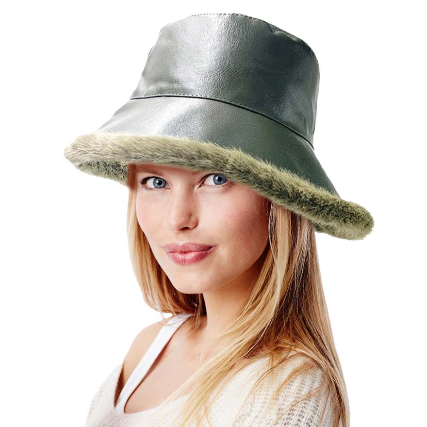 Faux Fur Inside Brim Solid Bucket Hat