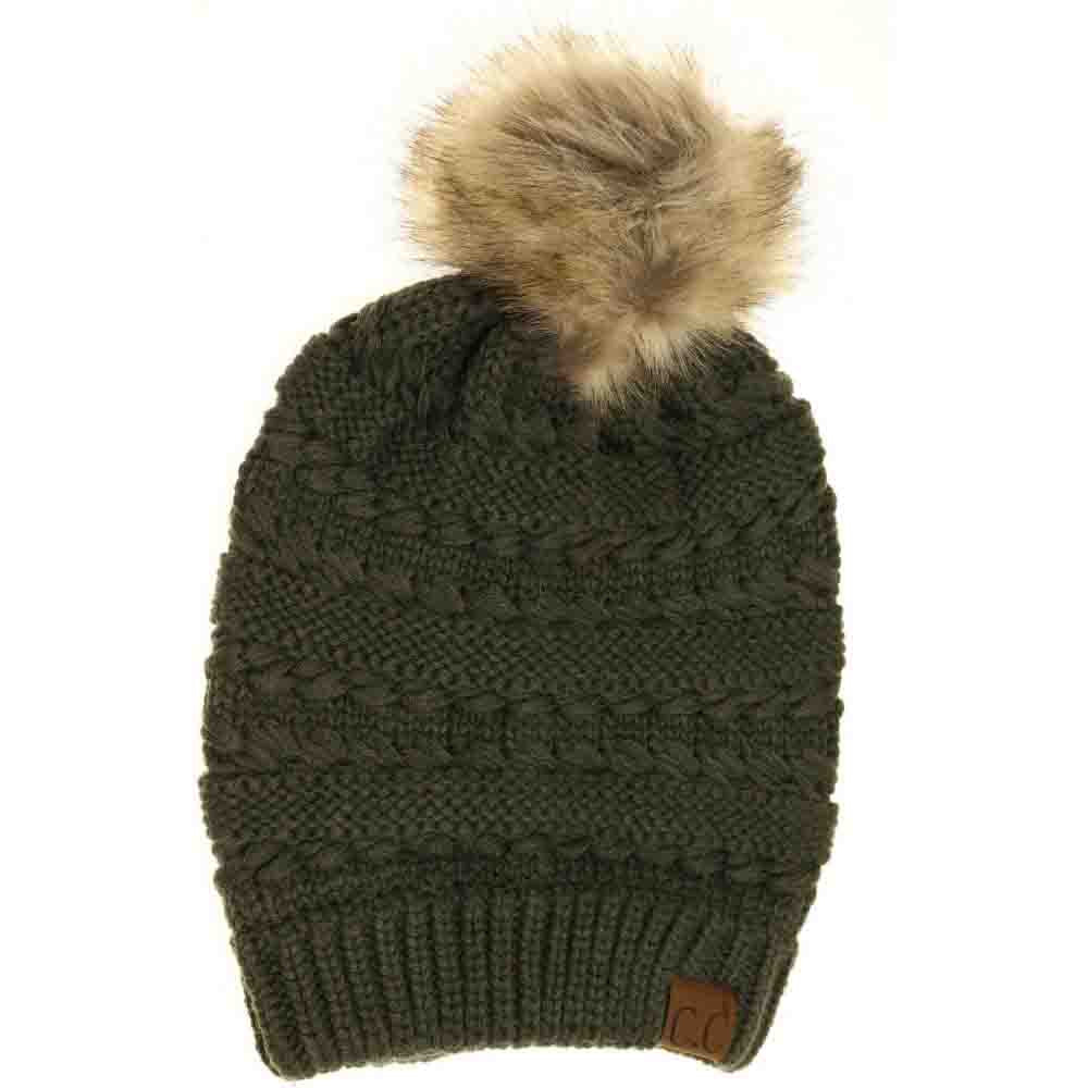 Whipstitch Knit Faux Fur Pom C.C Beanie