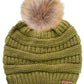 C.C Solid Ribbed Knit Beanie with Pom