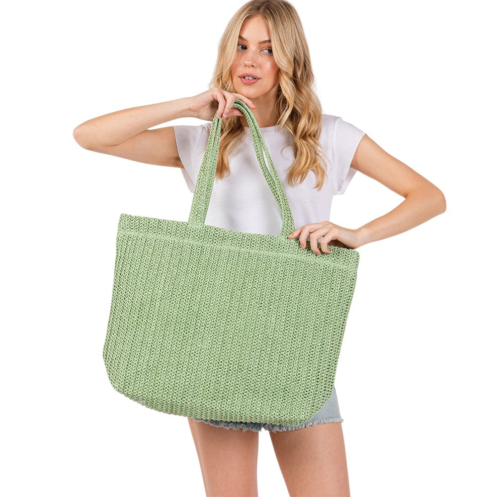 Women's Solid Crochet Straw Tote Bag / Beach