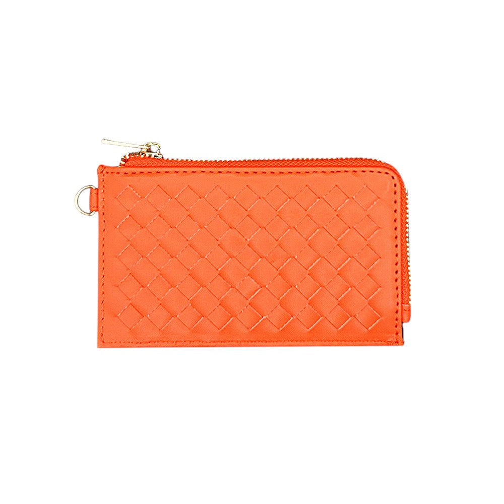 Faux Leather Basket Weave Flat Card Holder Wallet with Wristlet