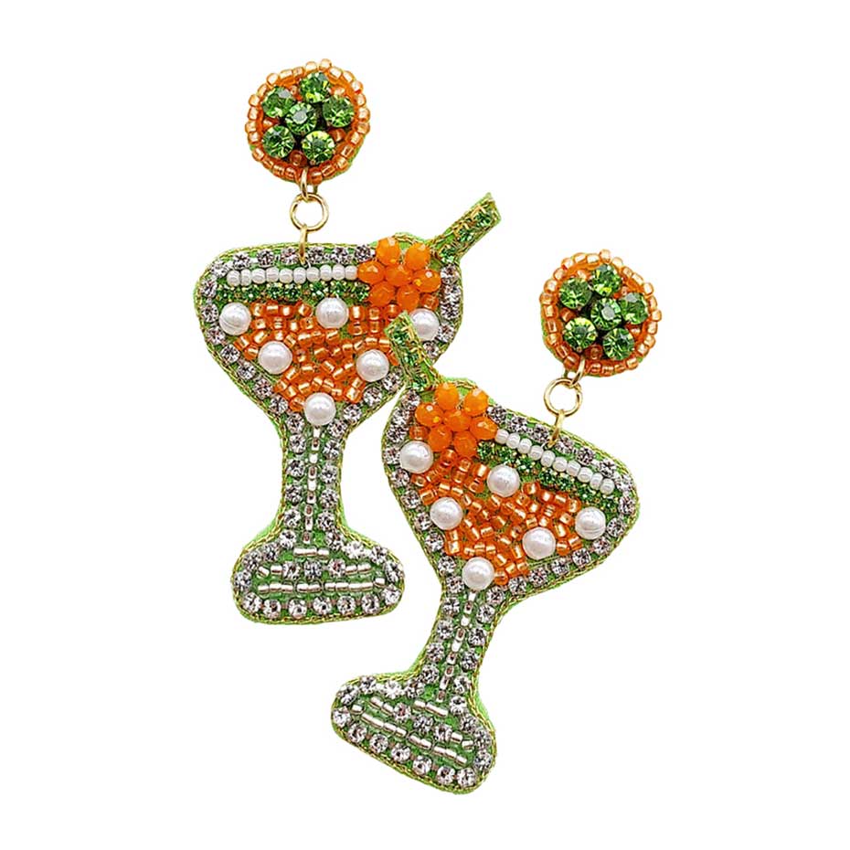 Felt Back Martini Rhinestone Pearl Beads Dangle Earrings