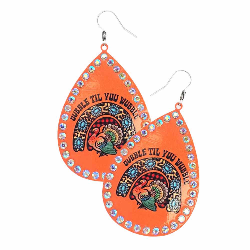 Thanksgiving Turkey Printed Teardrop Metal Dangle Earrings