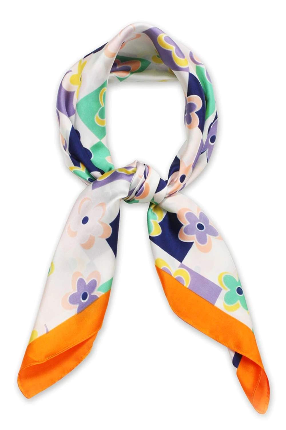Flower with Checker Print Satin Square Scarf