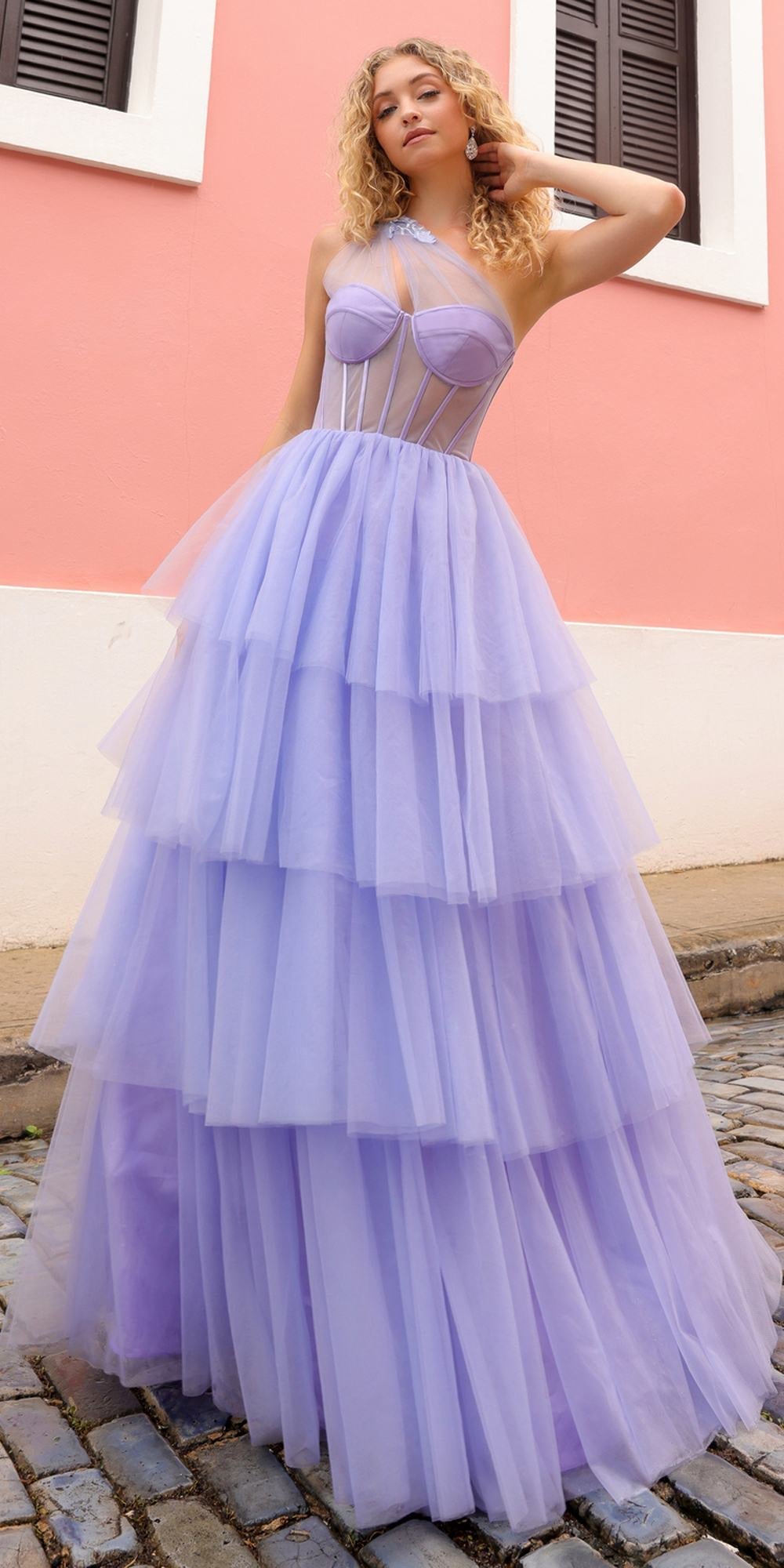 Nox Anabel P1400 Falda Larga de Tul Escalera Corsé con Escote Corazón Vestido de Gala Corte A