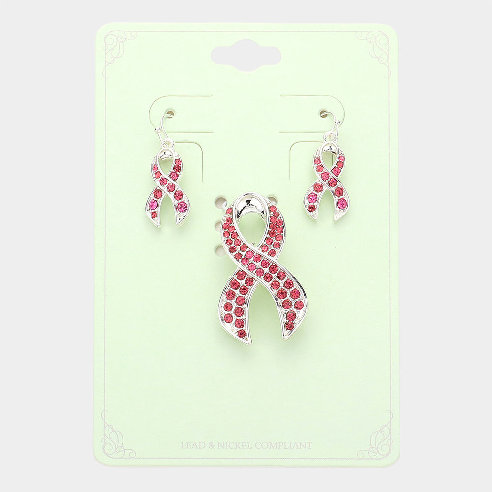 Crystal Pink Ribbon Pin Brooch Pendant Set