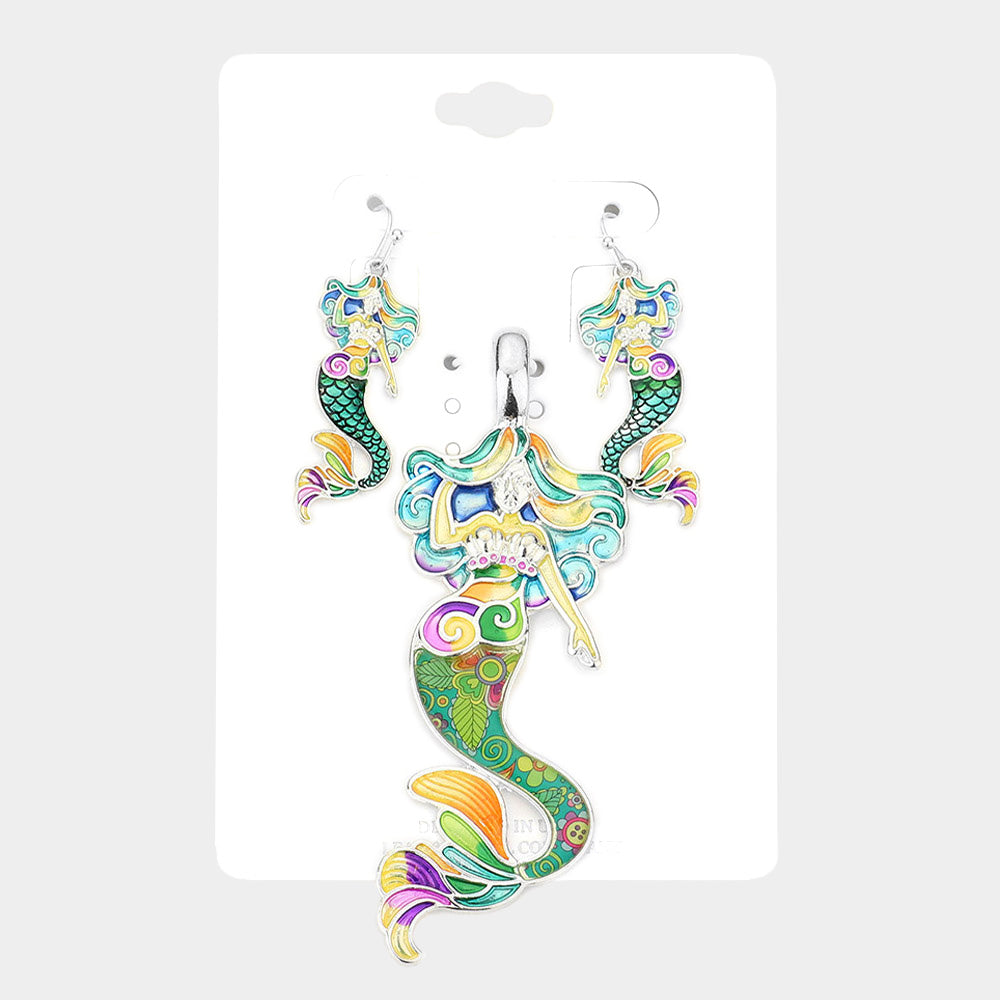 Enamel Floral Pattern Mermaid Pendant Set