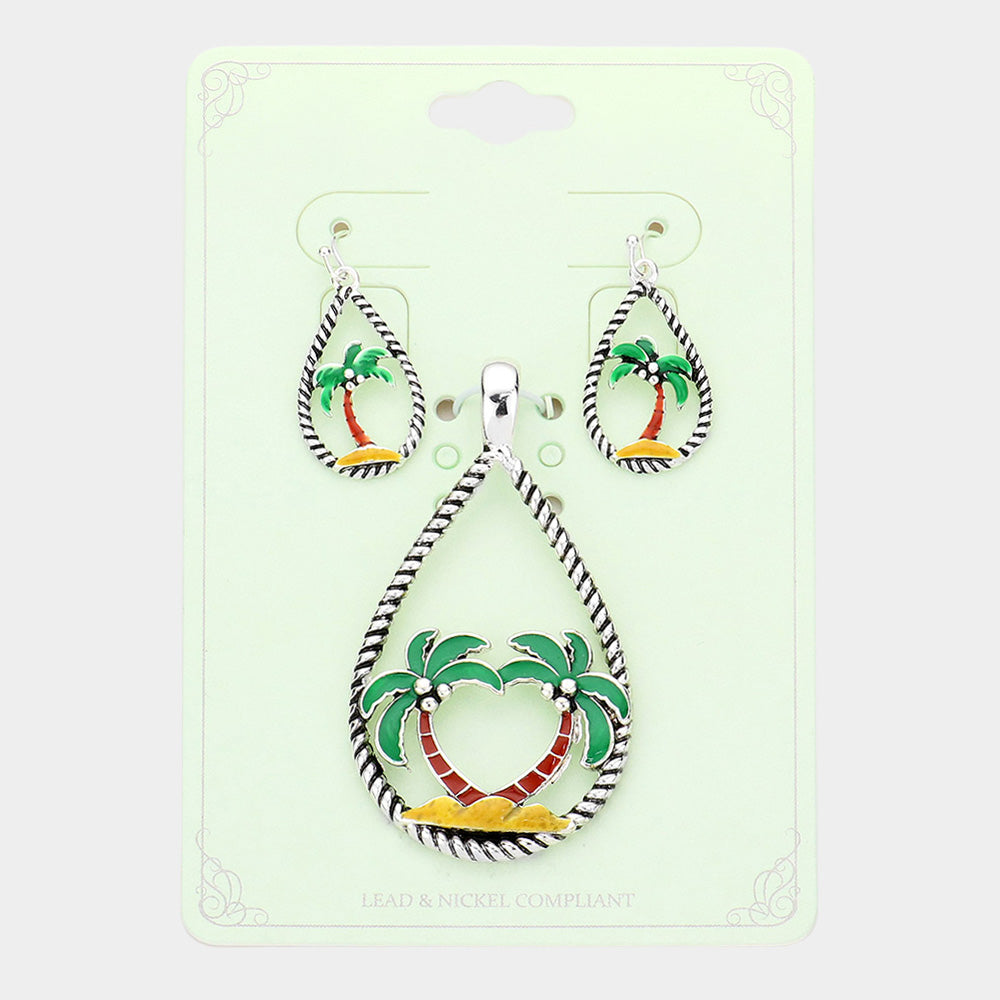 Enamel Palm Tree Accented Open Teardrop Pendant Set
