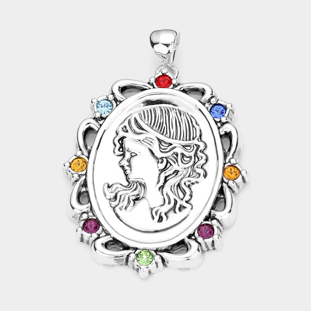 Stone Embellished Embossed Metal Girl Pendant
