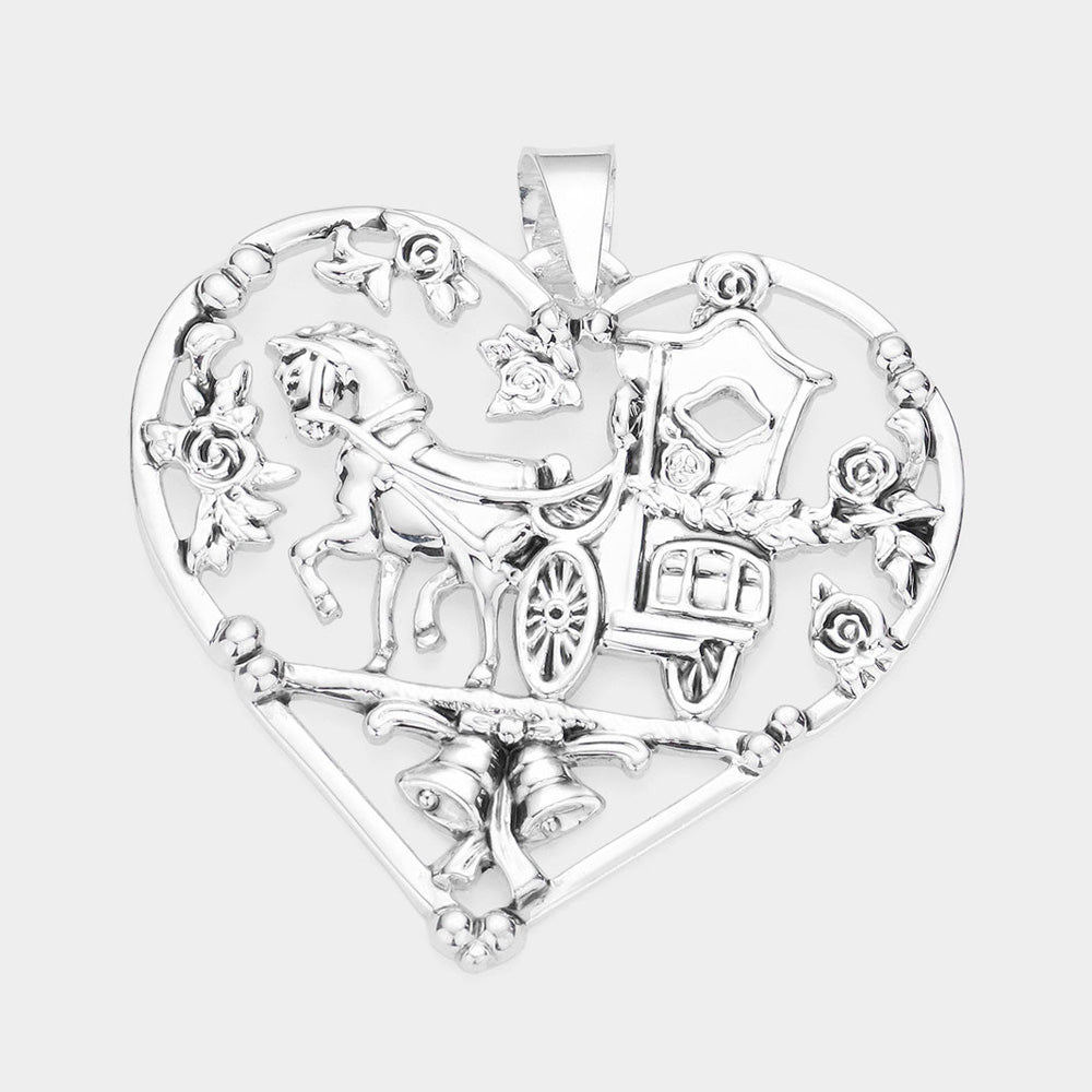 Metal Carriage Christmas Jingle Bell Accented Heart Pendant