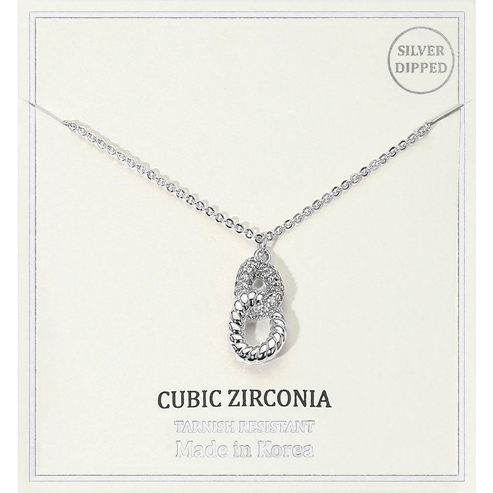 Silver Dipped Double Loop CZ Stone Pendant Necklace