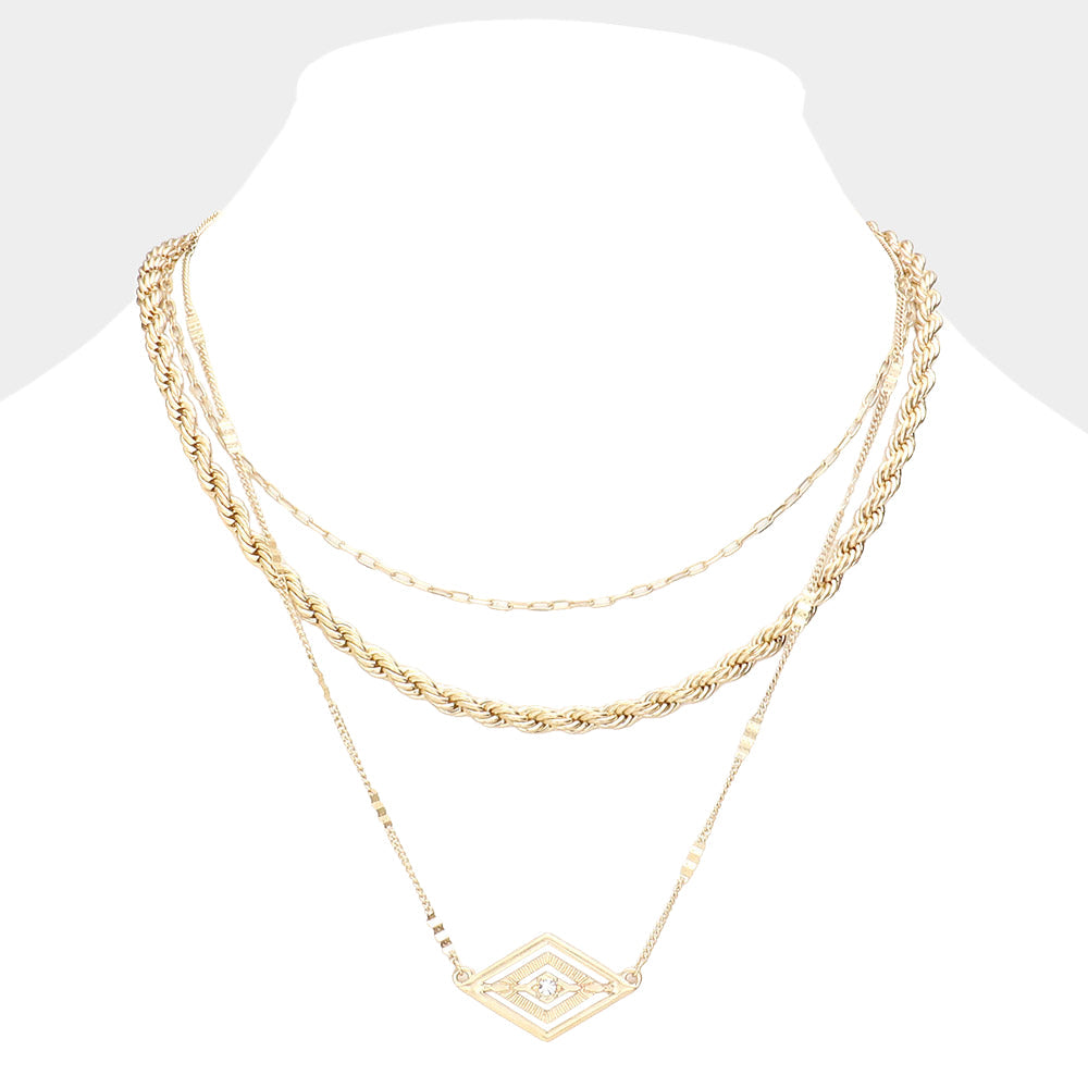 Rhinestone Centered Metal Rhombus Pendant Triple Layered Necklace