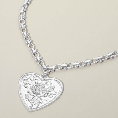 Rose Embossed Heart Pendant Decorative Link Chain Necklace