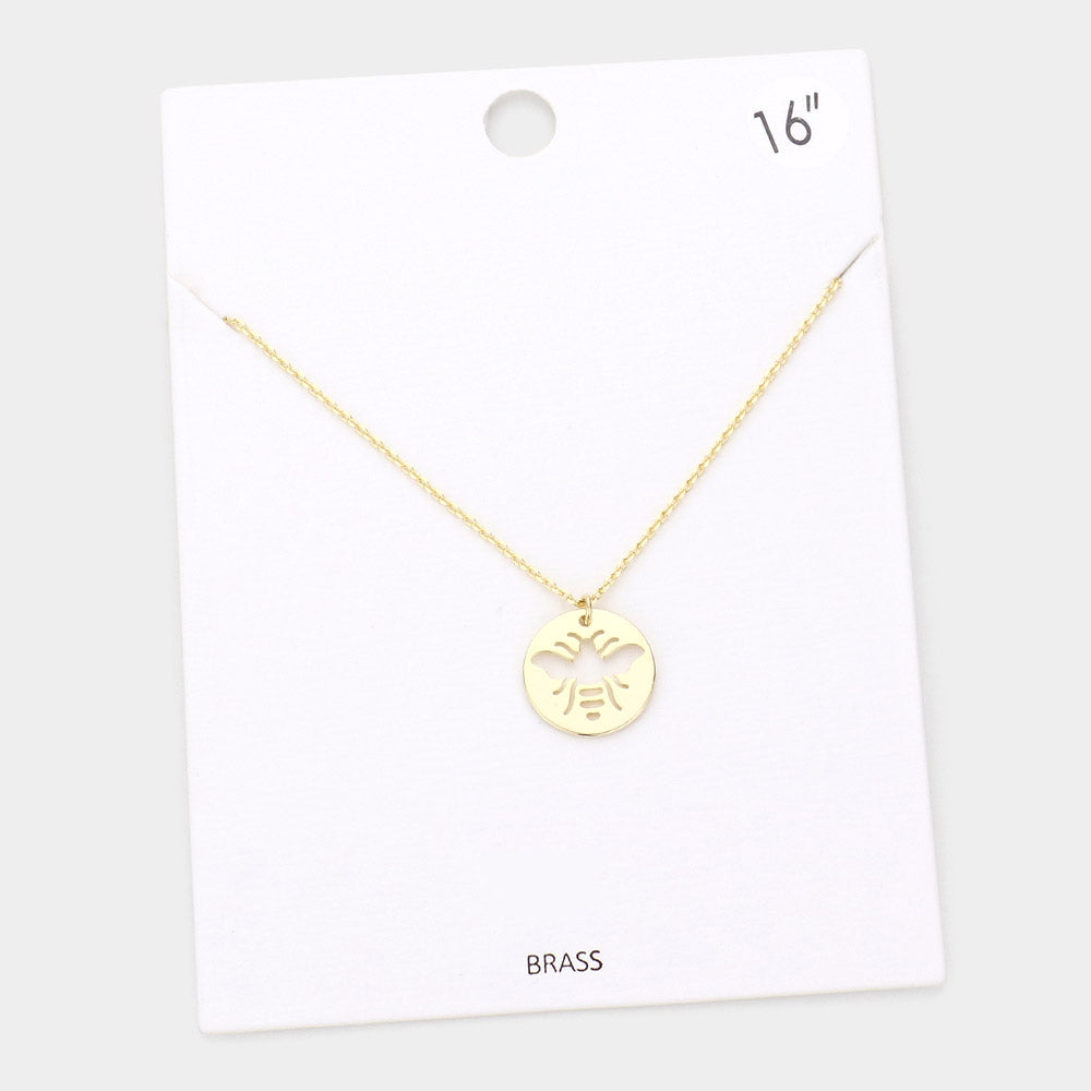 Brass Metal Cutout Honey Bee Disc Pendant Necklace