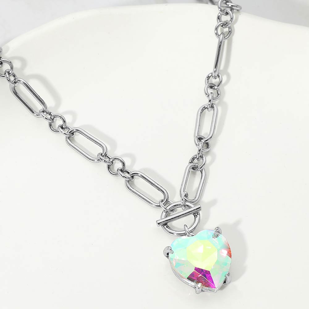 Women's Chunky Heart Stone Cluster Toggle Pendant Statement Necklace