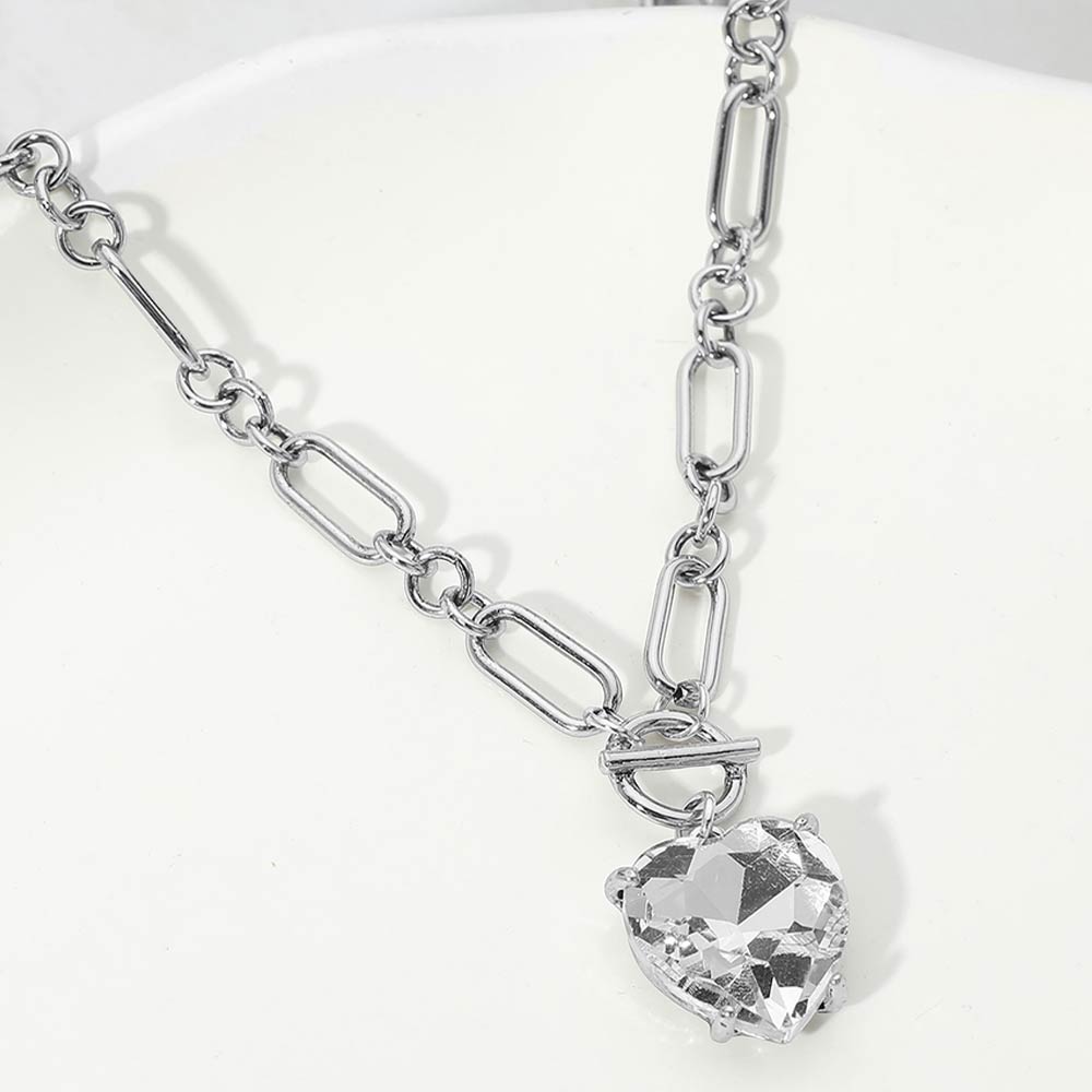 Women's Chunky Heart Stone Cluster Toggle Pendant Statement Necklace