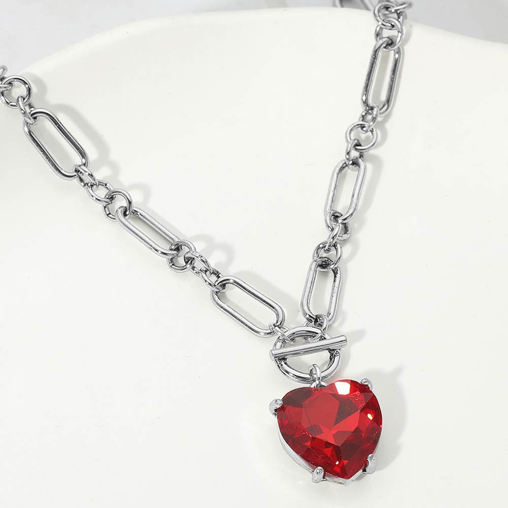 Women's Chunky Heart Stone Cluster Toggle Pendant Statement Necklace