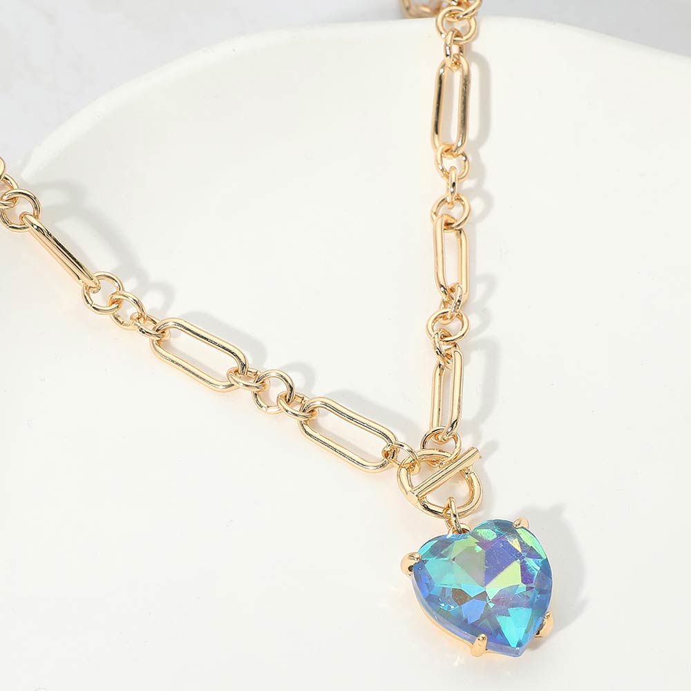 Women's Chunky Heart Stone Cluster Toggle Pendant Statement Necklace