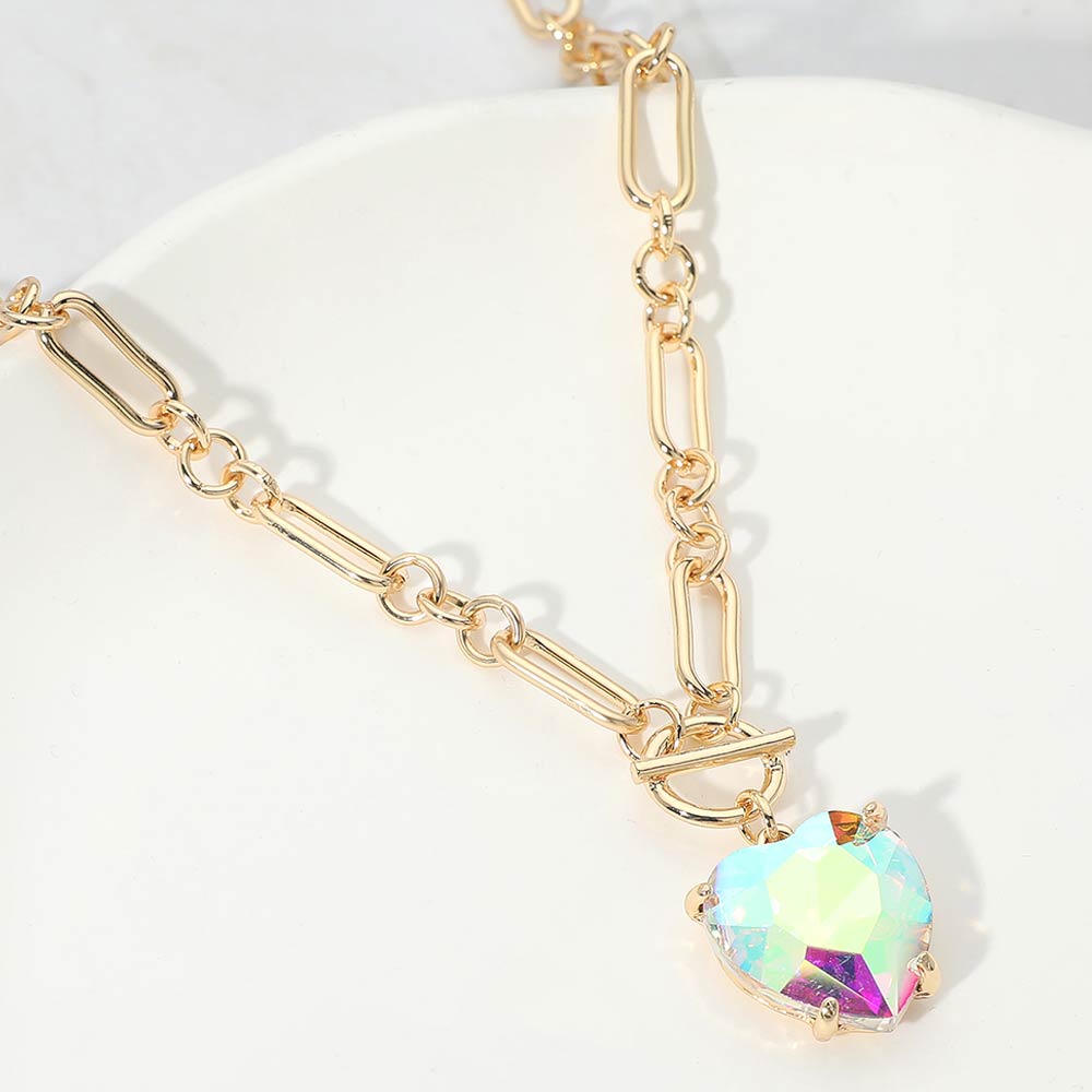 Women's Chunky Heart Stone Cluster Toggle Pendant Statement Necklace