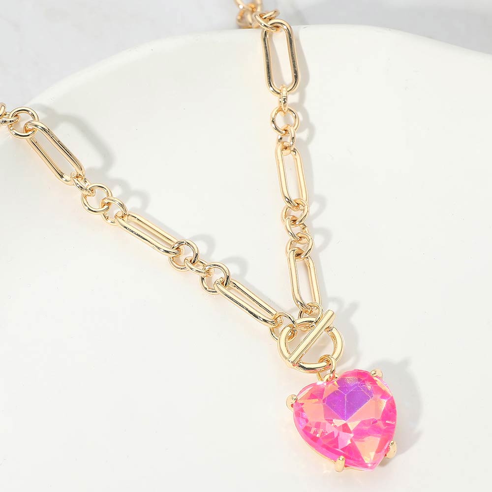 Women's Chunky Heart Stone Cluster Toggle Pendant Statement Necklace