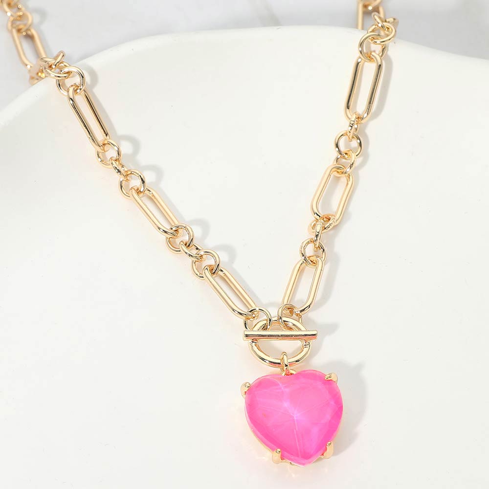 Women's Chunky Heart Stone Cluster Toggle Pendant Statement Necklace