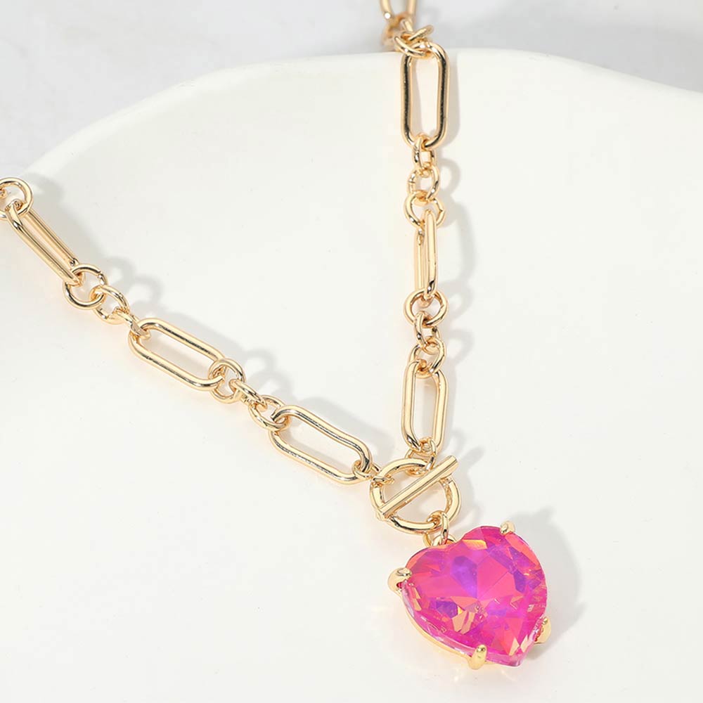 Women's Chunky Heart Stone Cluster Toggle Pendant Statement Necklace