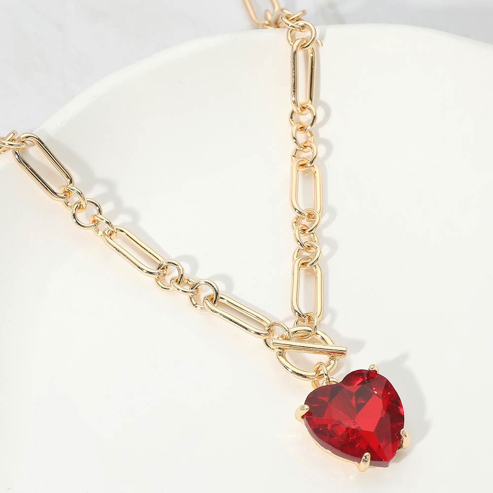 Women's Chunky Heart Stone Cluster Toggle Pendant Statement Necklace